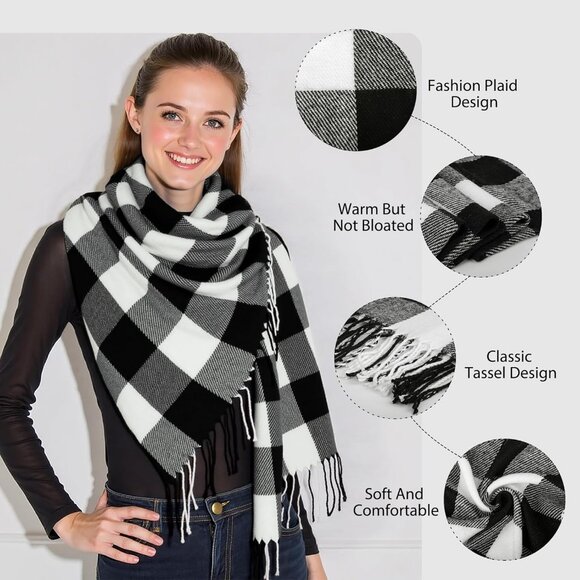 Women's White Gray Lattice Scarf Fashion Long Plaid Shawls Wraps Big Grid Winter - Picture 2 of 7